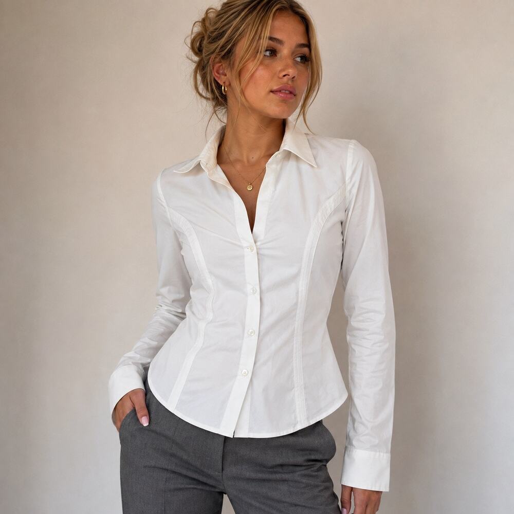 Express Button Down Shirt Womens Small White Pleated Business Casual Y2K Top